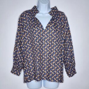 Ann Mashburn Poplin Print V-Neck Pop Over Tunic Top Blouse Sz. Small